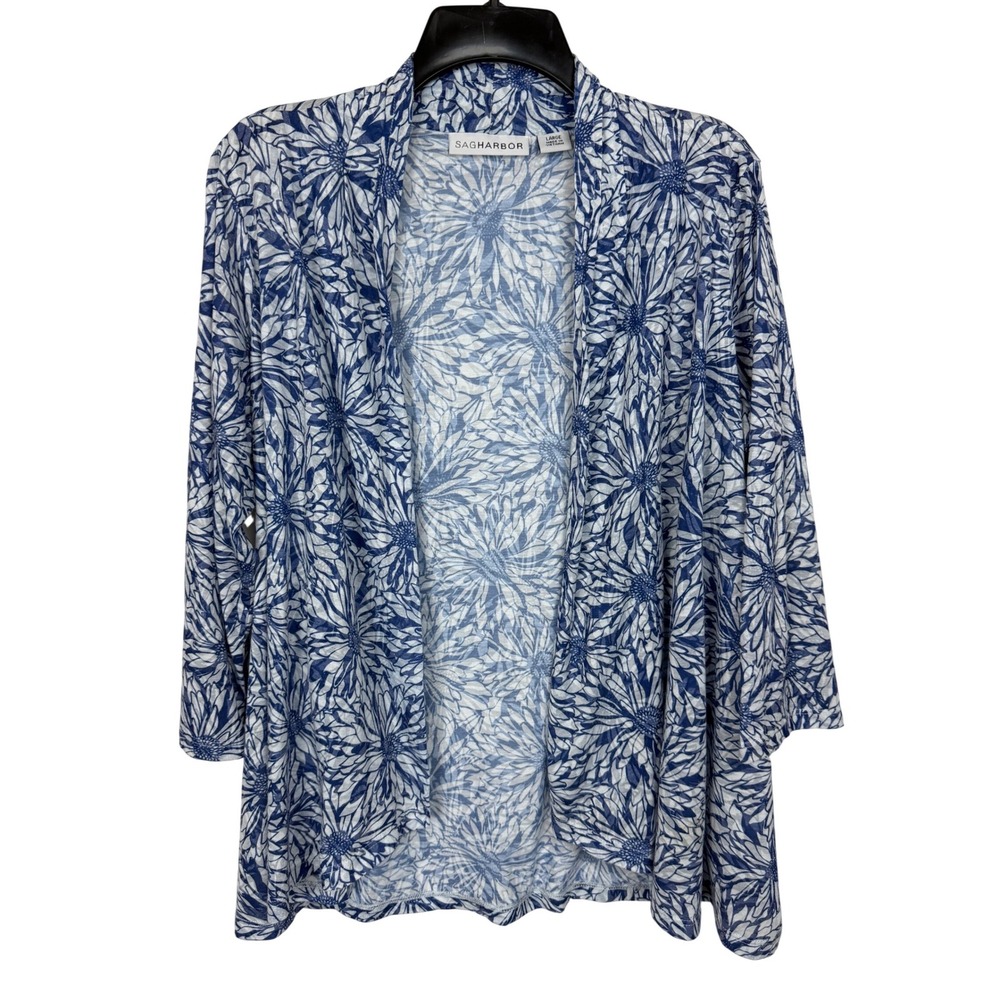 (Sag Harbor) Floral Cardigan Women Large Blue White 3/4 Sleeve Open Front